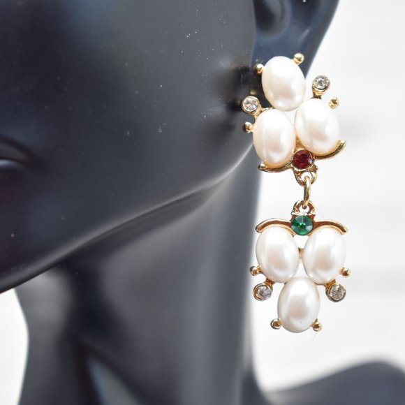 1.75" Drop Dangle Pearl Red/Green Earrings - Picture 8 of 12